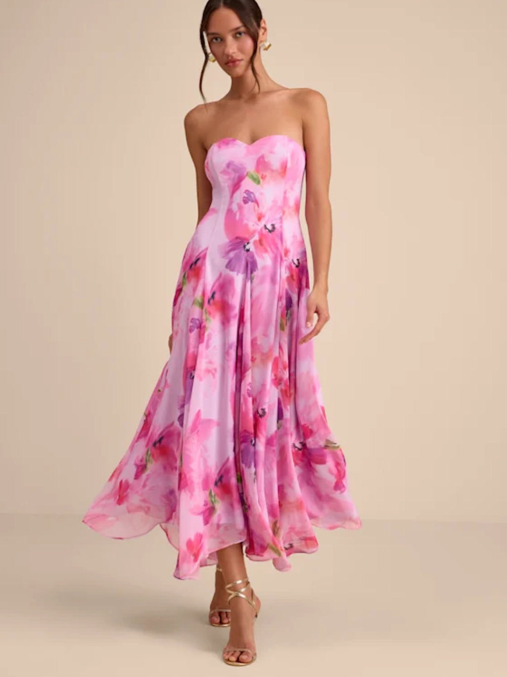 Lulu's Pink Floral Strapless Midi Dress